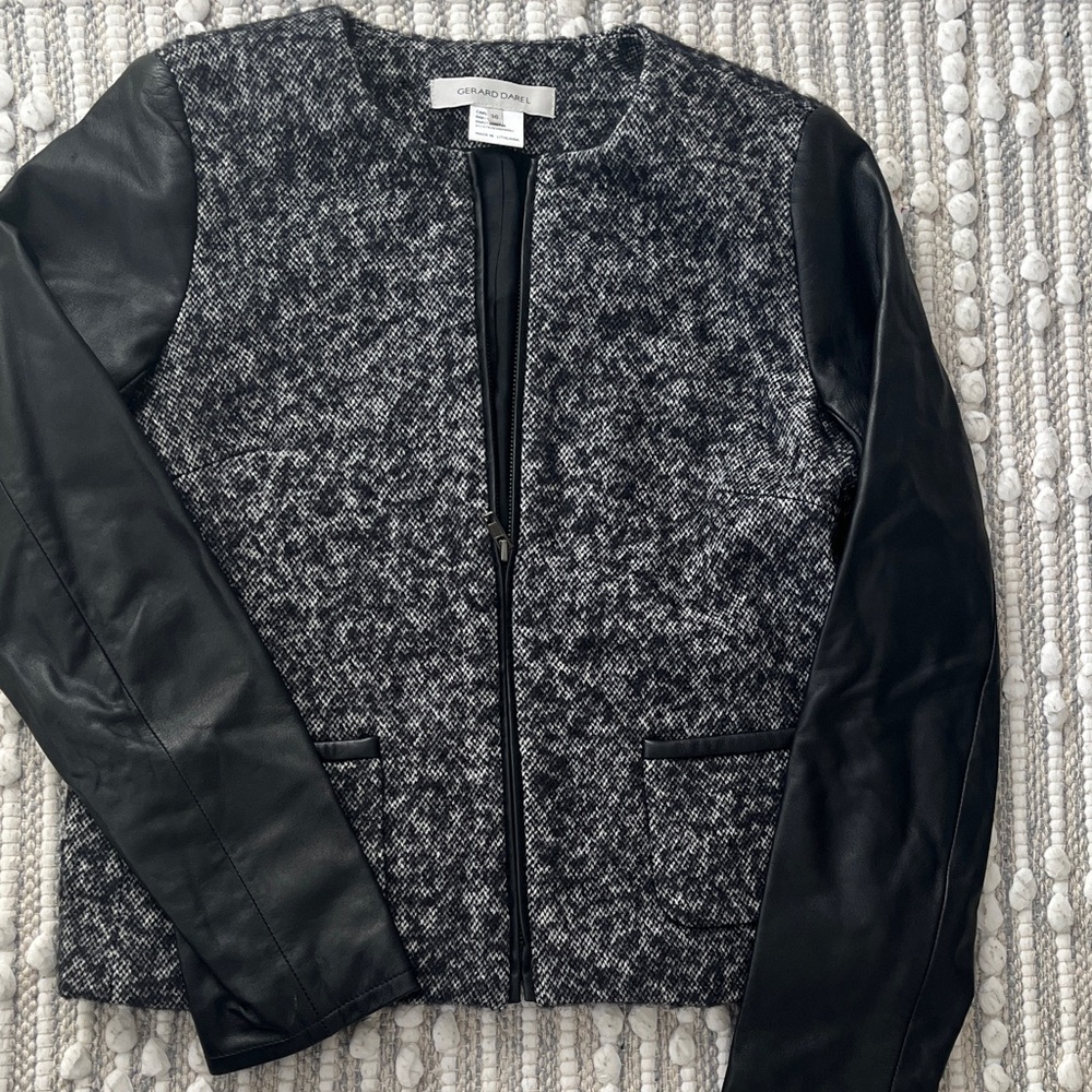 Wool and Leather Black and Gray Tweed Blazer
